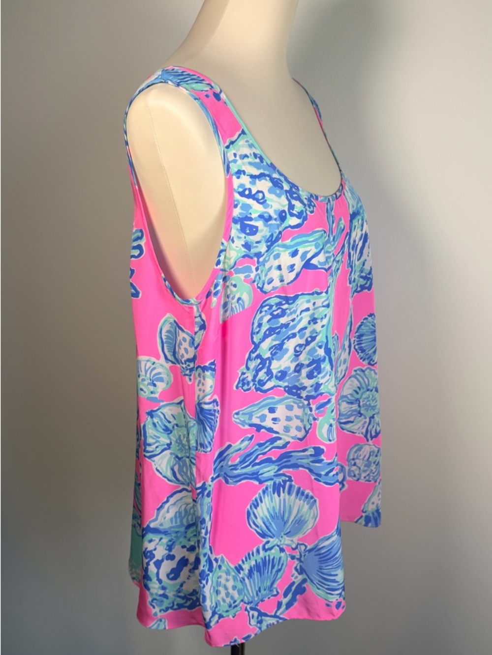 100% Silk Lilly Pulitzer Pink & Aqua Shell-Print Tank Top Size Large